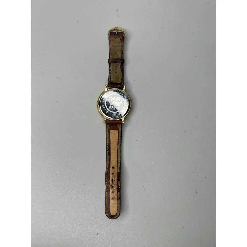 Disney Time Works Mickey Mouse Gold Toned Analog Watch Brown Leather